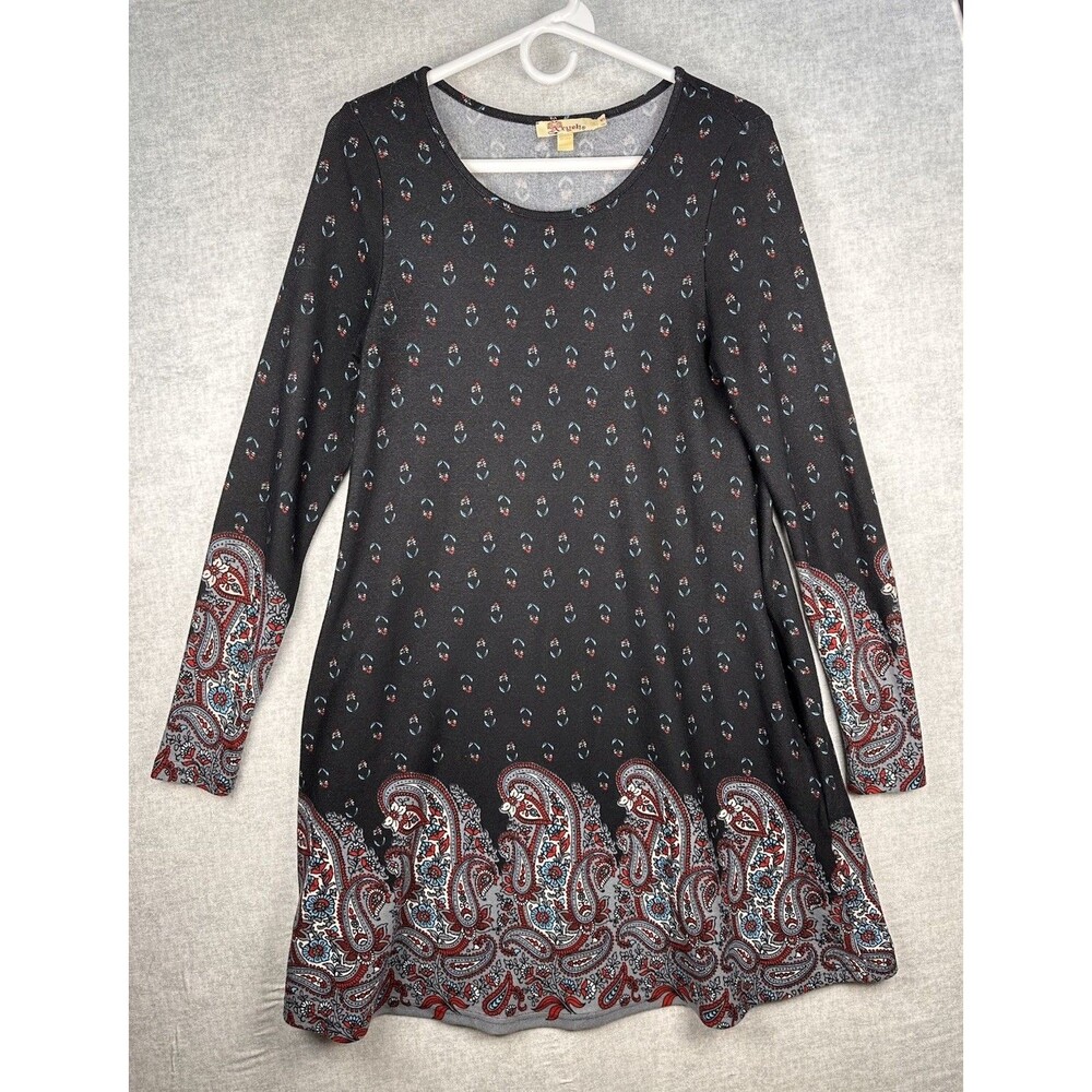Aryeh Paisley Print Tunic Shift Sweater Dress Size Small Black Red Boho Pockets